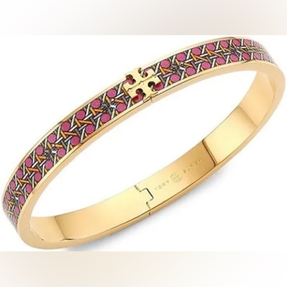 Tory Burch Kira Enamel Printed Bracelet (Gold/Pink Basket Weave), 7MM